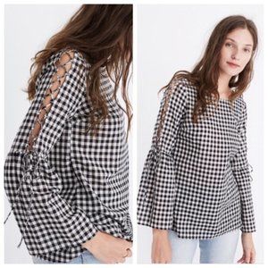 Madewell Gingham Lace Up Bell Sleeve Top Blouse White Black Sz Small